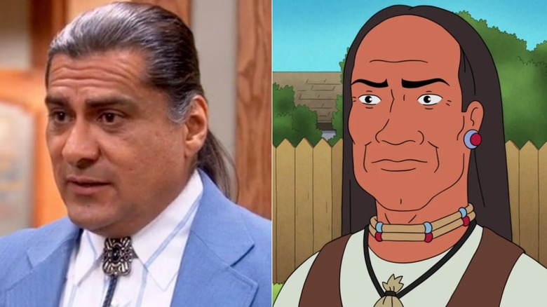 Ken Hotate wears a blue suit and string tie; John Redcorn furrows his brow