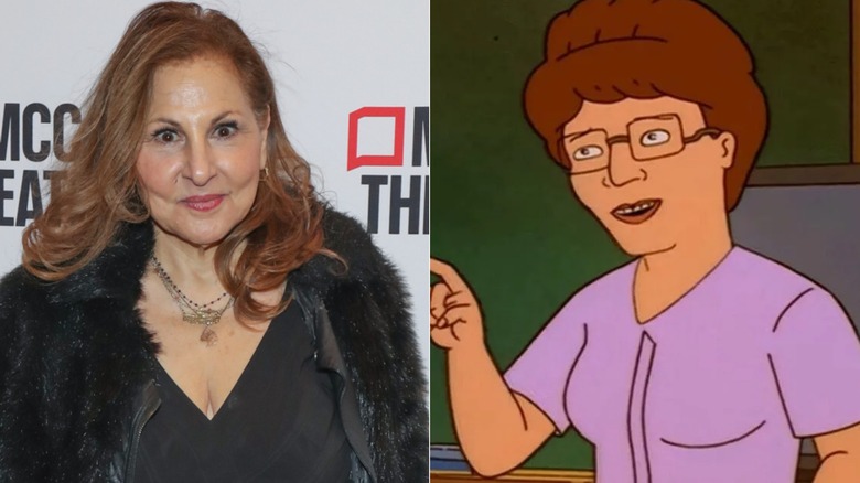 Kathy Najimy poses on the red carpet for the "Sh*t.Meet.Fan" opening night in 2024; Peggy Hill points in a classroom