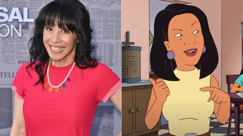 Lauren Tom smiles at the premiere of "The Paper"; Mihn smiles and gestures