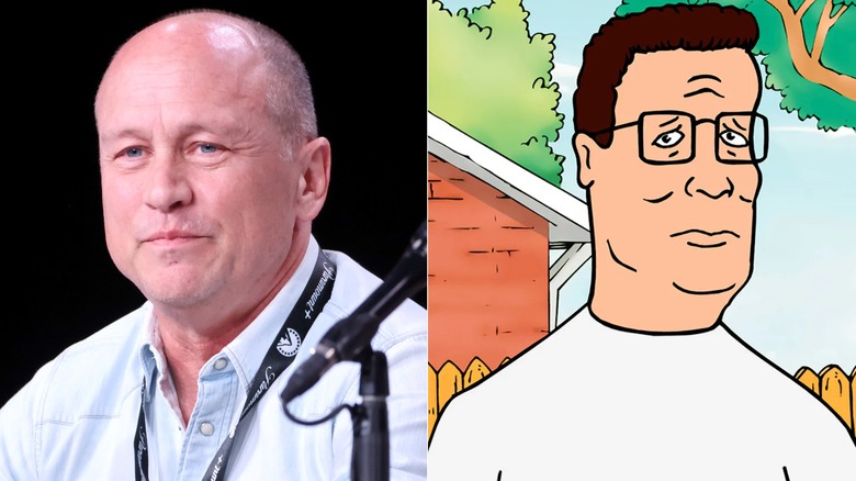 Mike Judge smiles at a 2022 Comic-Con panel; Hank Hill poses in the alley