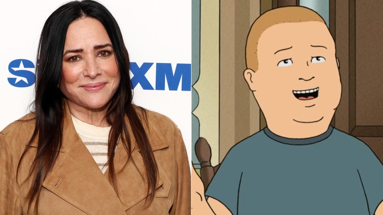 Pamela Adlon smiles at the SiriusXM offices in 2024; Bobby Hill raises his arms while speaking