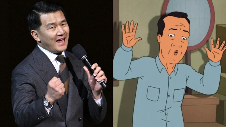 Ronny Chieng holds a mic on stage; Kahn raises his hands in surprise