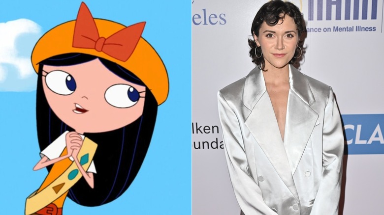 Left: Isabella Garcia-Shapiro stands in her Fireside Girl uniform in "Phineas and Ferb"; Right: Alyson Stoner stands at the NAMI Mental Health Gala in Beverly Hills in May 2025