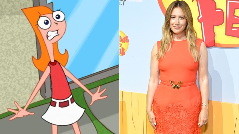 Left: Candace looks scared in "Phineas and Ferb"; Right: Ashley Tisdale-French stands at the "Phineas and Ferb" season premiere in Los Angeles in May 2025