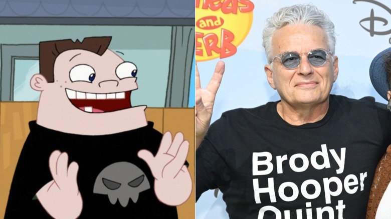 Left: Buford Van Stomm claps in "Phineas and Ferb"; Right: Bobby Gaylor holds up a peace sign at the "Phineas and Ferb" season premiere in Los Angeles in May 2025