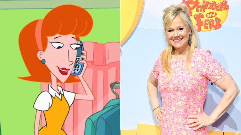 Left: Linda Flynn-Fletcher talks on the phone in "Phineas and Ferb"; Right: Caroline Rhea stands at the season premiere of "Phineas and Ferb" in Los Angeles in May 2025