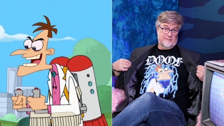 Left: Dr. Heinz Doofenshmirtz wears a jetpack in "Phineas and Ferb"; Right: Dan Povenmire wears a Dr. Doofenshmirtz shirt at the Disney+ Throwback Experience in Los Angeles in June 2025