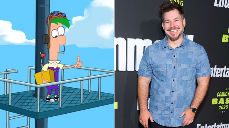 Left: Ferb gives a thumbs up while on a watch tower in "Phineas and Ferb"; Right: David Errigo Jr. stands at Entertainment Weekly's Comic-Con Bash in San Diego in July 2025