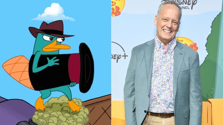 Left: Perry the Platypus holds a top hat in "Phineas and Ferb"; Right: Dee Bradley Baker stands at the season premiere of "Phineas and Ferb" in Los Angeles in May 2025