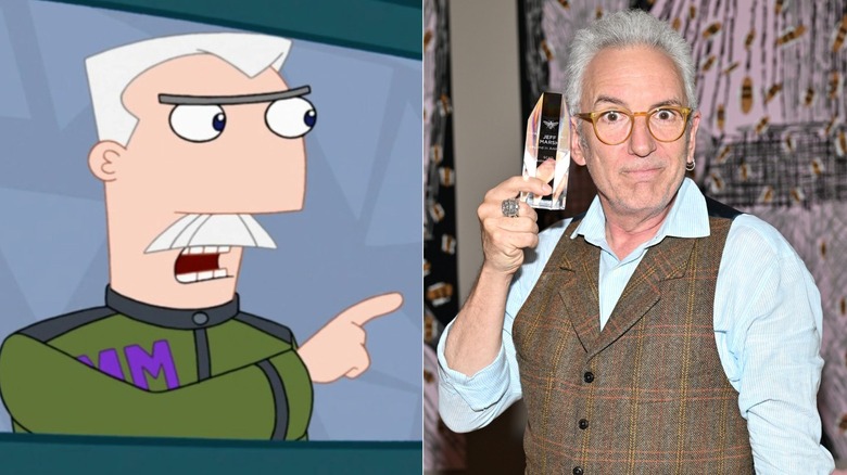 Left: Major Francis Monogram looks toward the right in "Phineas and Ferb"; Right: Jeff "Swampy" Marsh stands with a trophy at SCAD AnimationFest in Atlanta in September 2025