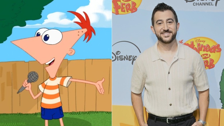 Left: Phineas stands while holding a microphone in "Phineas and Ferb"; Right: Vincent Martella stands at the season premiere of "Phineas and Ferb" in Los Angeles in May 2025
