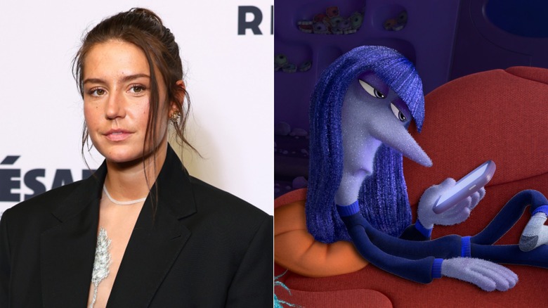 Adèle Exarchopoulos and Ennui on the couch on her phone in Inside Out 2