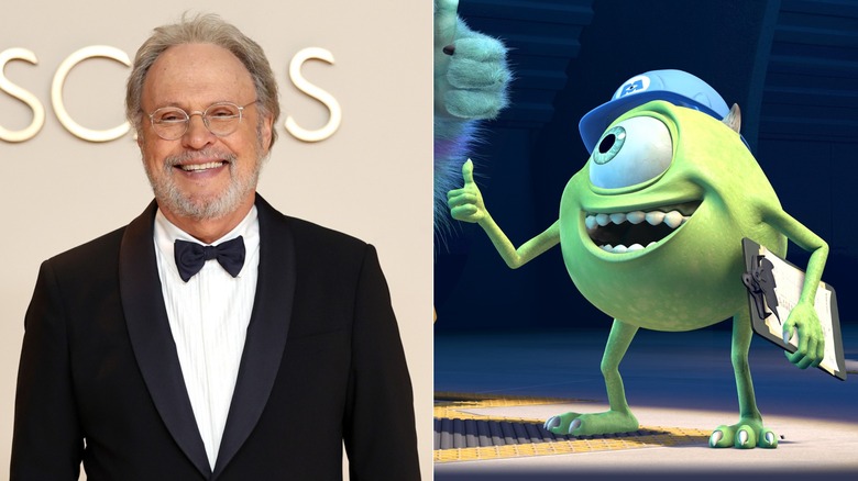Billy Crystal smiles on the red carpet of the 2025 Oscars next to Mike giving thumbs up