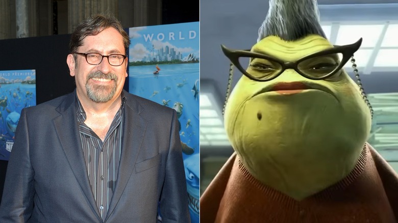 Bob Peterson smiles on the red carpet of a 3D "Finding Nemo" screening next to Roz giving a stern expression