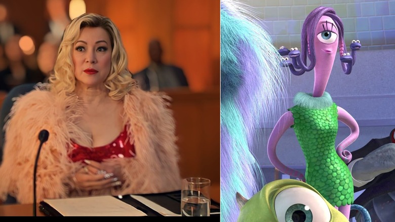 Tiffany Valentine sits at a table in front of a microphone in Chucky next to Celia standing with a sassy expression