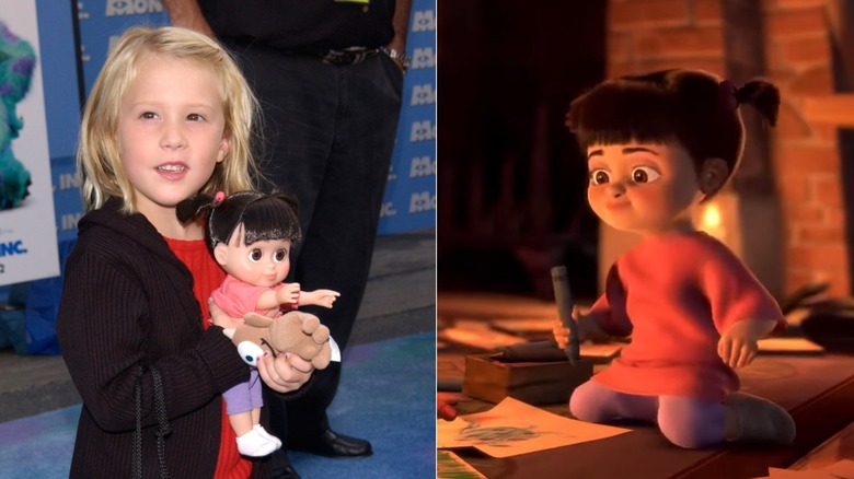 Mary Gibbs holding Boo doll at Monsters Inc premiere next to Boo on drawing on floor
