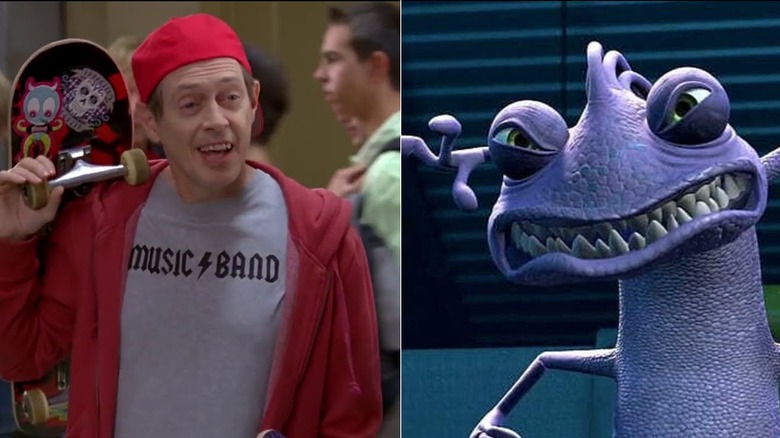 Lenny Wosniak holds a skateboard and wears youthful clothes next to Randall snarling