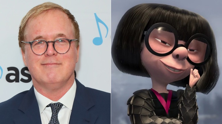 Side-by-side photos of director Brad Bird smiling at the 34th Annual ASCAP Screen Music Awards in California in 2019 and Edna Mode smiling in "The Incredibles"