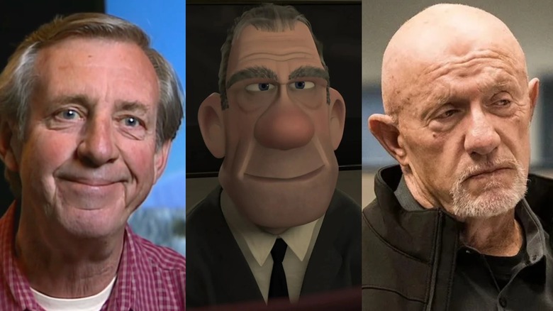 Side-by-side photos of Bud Luckey smiling, Rick Dicker smiling in "The Incredibles," and Mike frowning in "Breaking Bad"