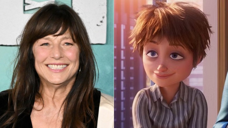 Side-by-side photos of Catherine Keener smiling at the premiere of "Joker: Folie a Deux" in 2024 and Evelyn smiling in "Incredibles 2"