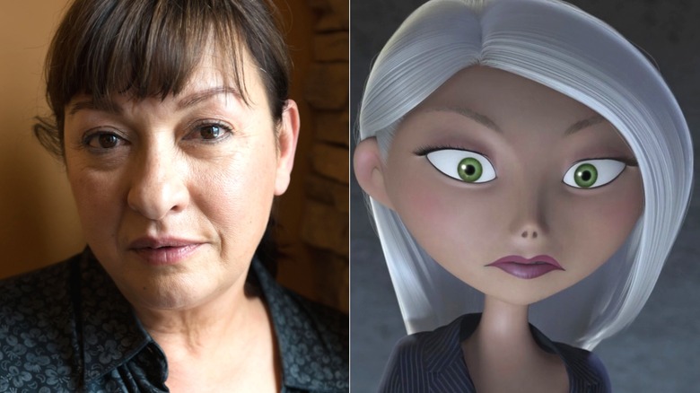Side-by-side photos of Elizabeth Pena posing for a photo and Mirage frowning in "The Incredibles"