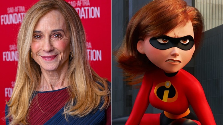 Side-by-side photos of Holly Hunter smiling at the SAG-AFTRA Foundation Conversations Presents "Star Trek: Starfleet Academy" event in 2026 and Elastigirl frowning in "Incredibles 2"