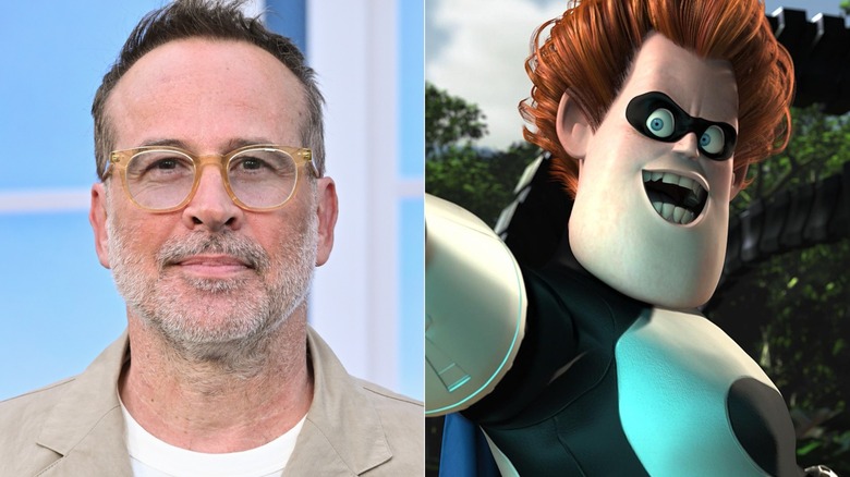Side-by-side photos of Jason Lee smiling at the "The Residence" premiere in California in 2025 and Syndrome yelling in "The Incredibles"