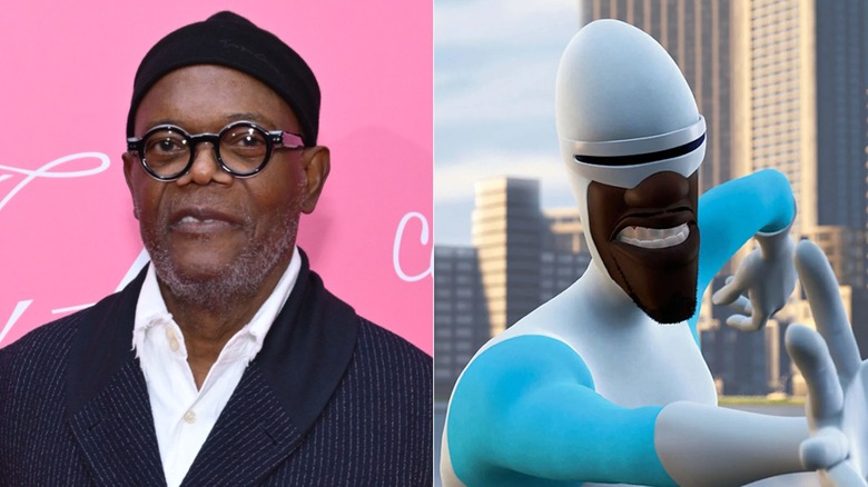 Side-by-side photos of Samuel L. Jackson smiling at the "Art Of Glam: Honoring The Hands Behind The Beauty" in Los Angeles, California in 2026 and Frozone grimacing in "The Incredibles"