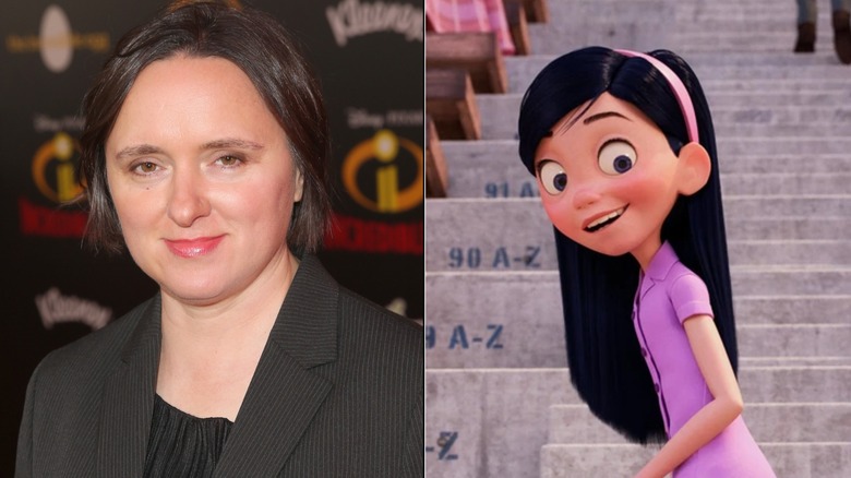 Side-by-side photos of Sarah Vowell smiling at the "Incredibles 2" premiere in 2018 and Violet smiling in "Incredibles 2"