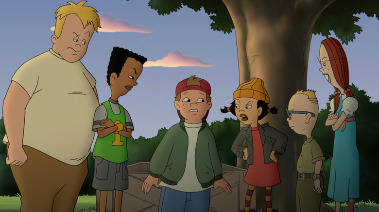 Gretchen, Spinelli, Mikey, Vince, and Gus looking at T.J. suspiciously on Recess