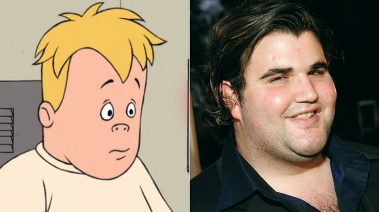 Mikey looking confused on Recess next to Jason Davis smiling at a Los Angeles event