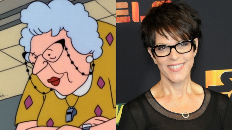 Miss Finster looking out a window on Recess next to April Winchell smiling at Star Wars Rebels event