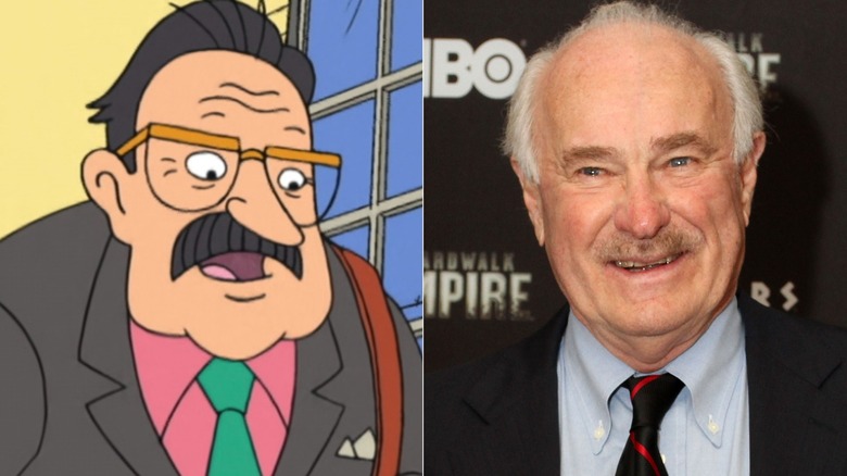 Principal Peter Prickly on the playground on Recess next to Dabney Coleman smiling at a Boardwalk Empire event