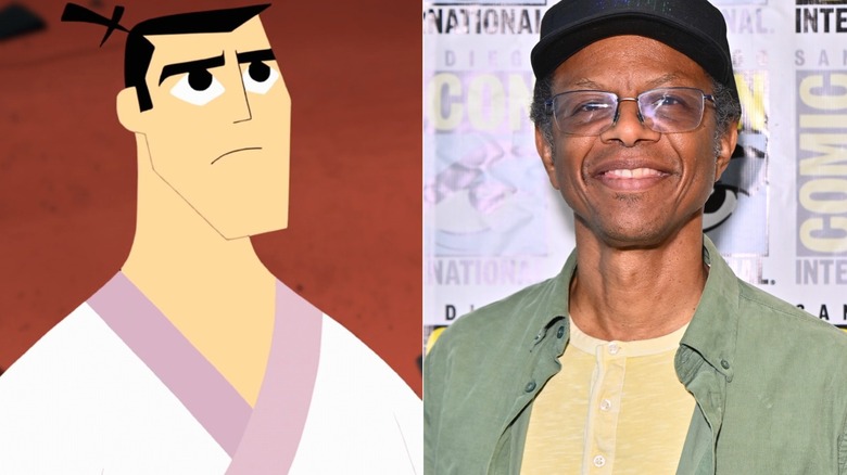 Samurai Jack looking up on Samurai Jack next to Phil LaMarr smiling at Comic-Con