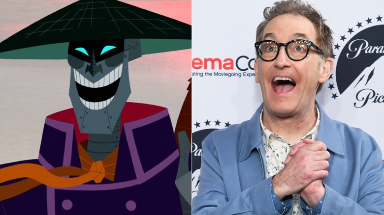 Scaramouche grinning on Samurai Jack next to Tom Kenny smiling on a red carpet
