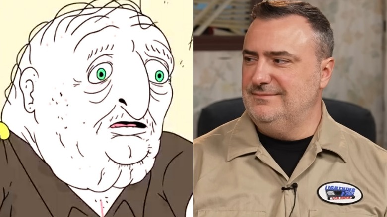 Desmond looking in horror on Smiling Friends next to Mike Stoklasa on RedLetterMedia