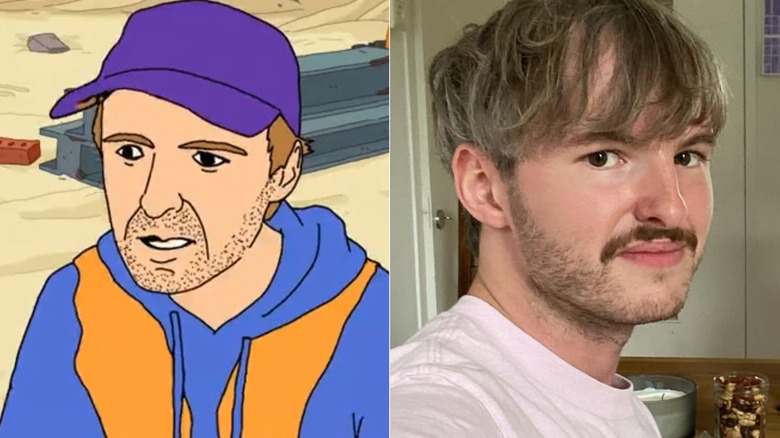 Doug Psychotic on a worksite on Smiling Friends next to Joel Haver at dinner table