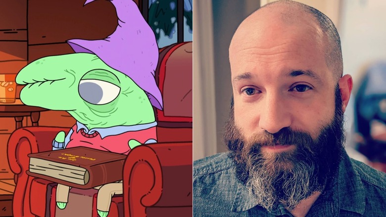 Grandpa Glep holding a book on Smiling Friends next to Joshua Tomar with a beard