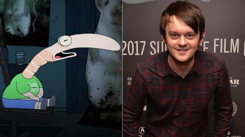 Shrimp sighing on Smiling Friends next to David Firth at the Sundance Film Festival
