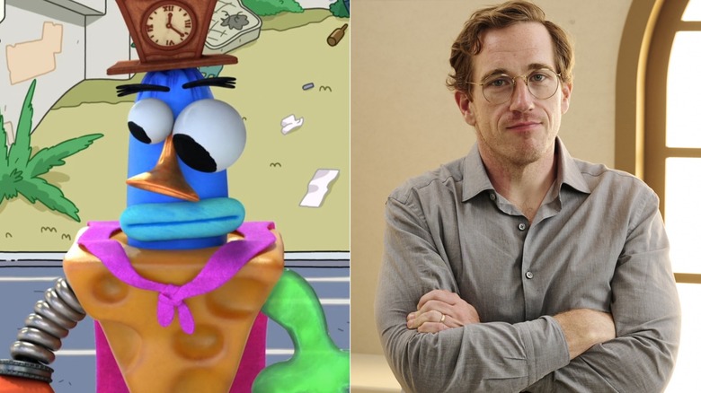 Silly Samuel looking to the side on Smiling Friends next to Conner O"Malley crossing his arms