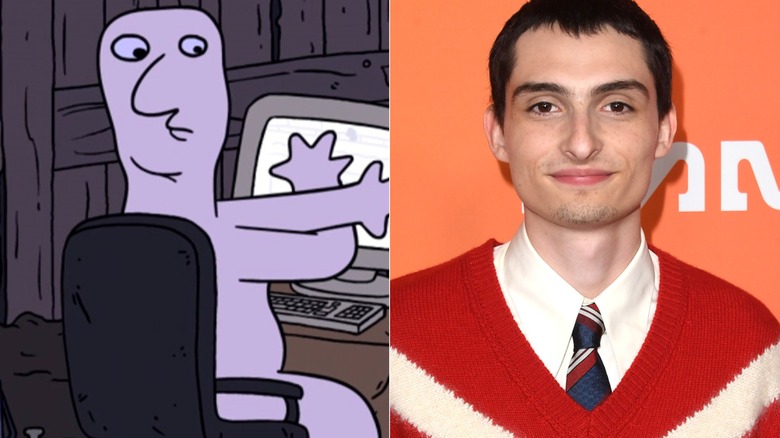 Squatter covering up his computer on Smiling Friends next to Finn Wolfhard smiling on red carpet