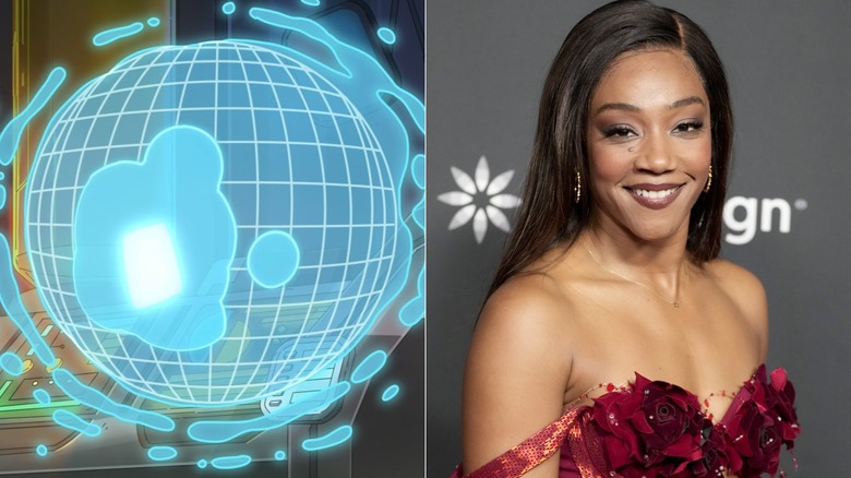 Aisha floating on Solar Opposites next to Tiffany Haddish smiling at an event