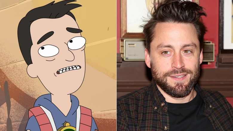 Glen rolling his eyes on Solar Opposites next to Kieran Culkin in front of portraits