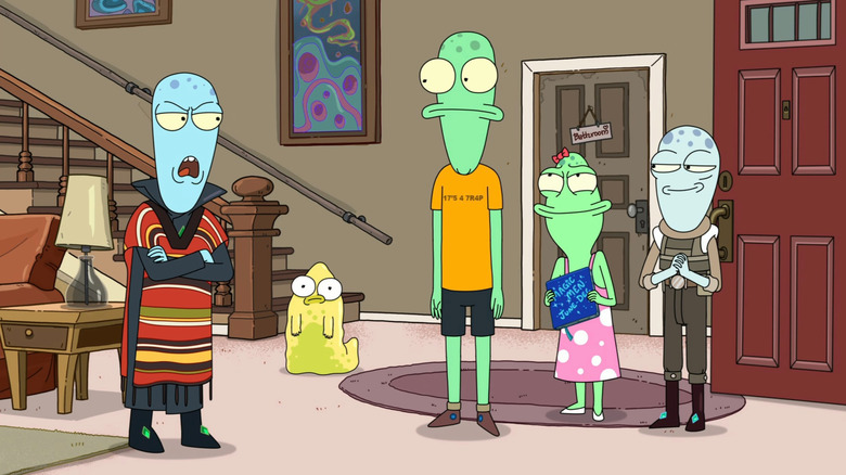 Korvo, Terry, Jesse, the Pupa, and Yumyulack in the living room on Solar Opposites