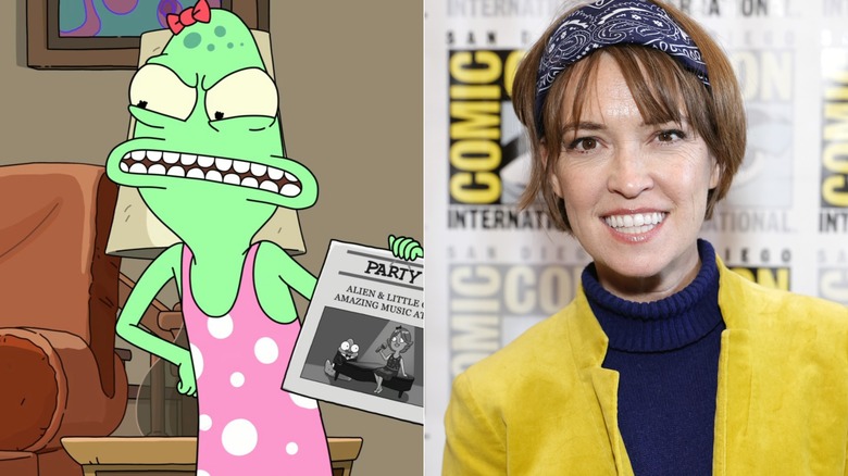 Jesse holding a newspaper on Solar Opposites next to Mary Mack smiling at Comic-Con