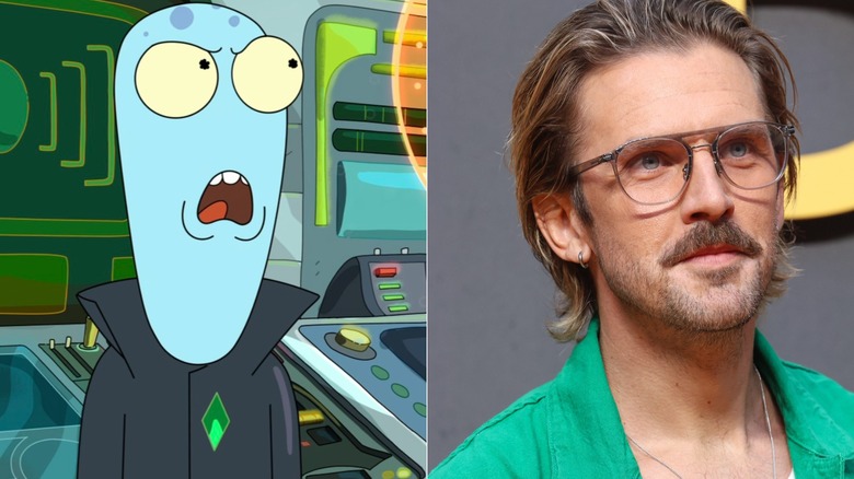 Korvo looking angry on Solar Opposites next to Dan Stevens wearing sunglasses