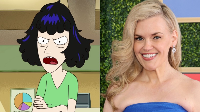 Mrs. Frankie with arms crossed on Solar Opposites next to Kari Wahlgren smiling at Lego event