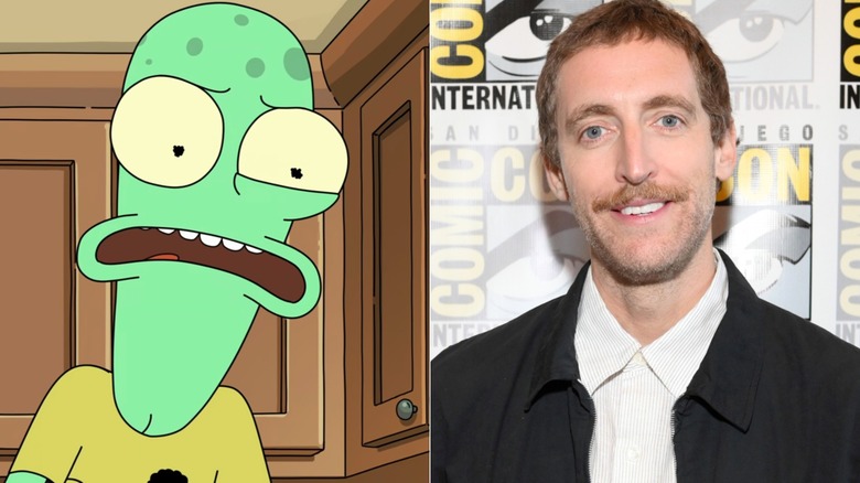 Terry recoiling on Solar Opposites next to Thomas Middleditch smiling at Comic-Con