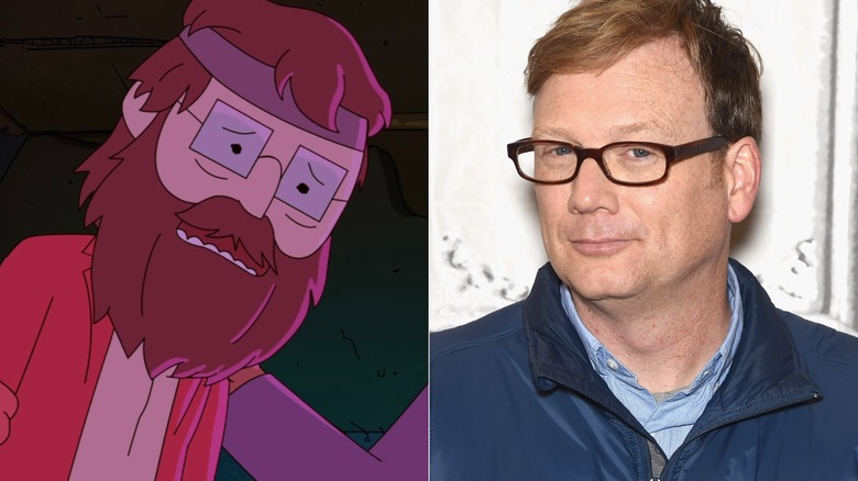 Tim hanging his head in shame on Solar Opposites next to Andy Daly wearing a vest