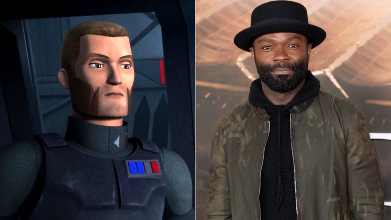 Agent Kallus looks toward the right in Star Wars Rebels and David Oyelowo stands at the TCL Chinese Theatre (2024)